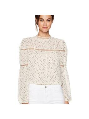 Women's Cream & Black Speck Print Peasant High Neck Sheer Blouse Large